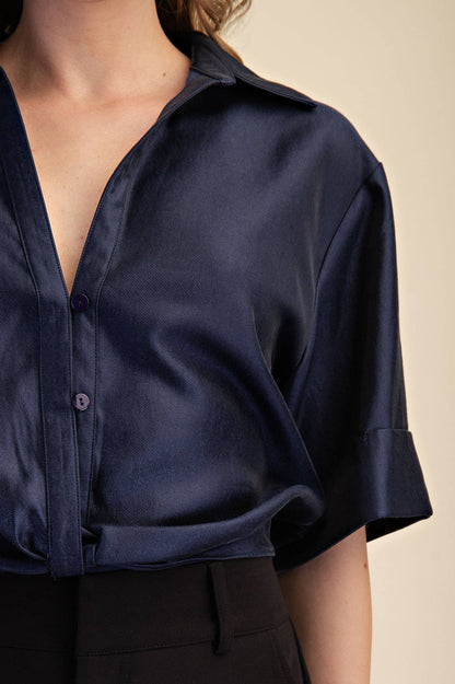 Deep Neck And Lapel Collar Short Sleeve Shirt