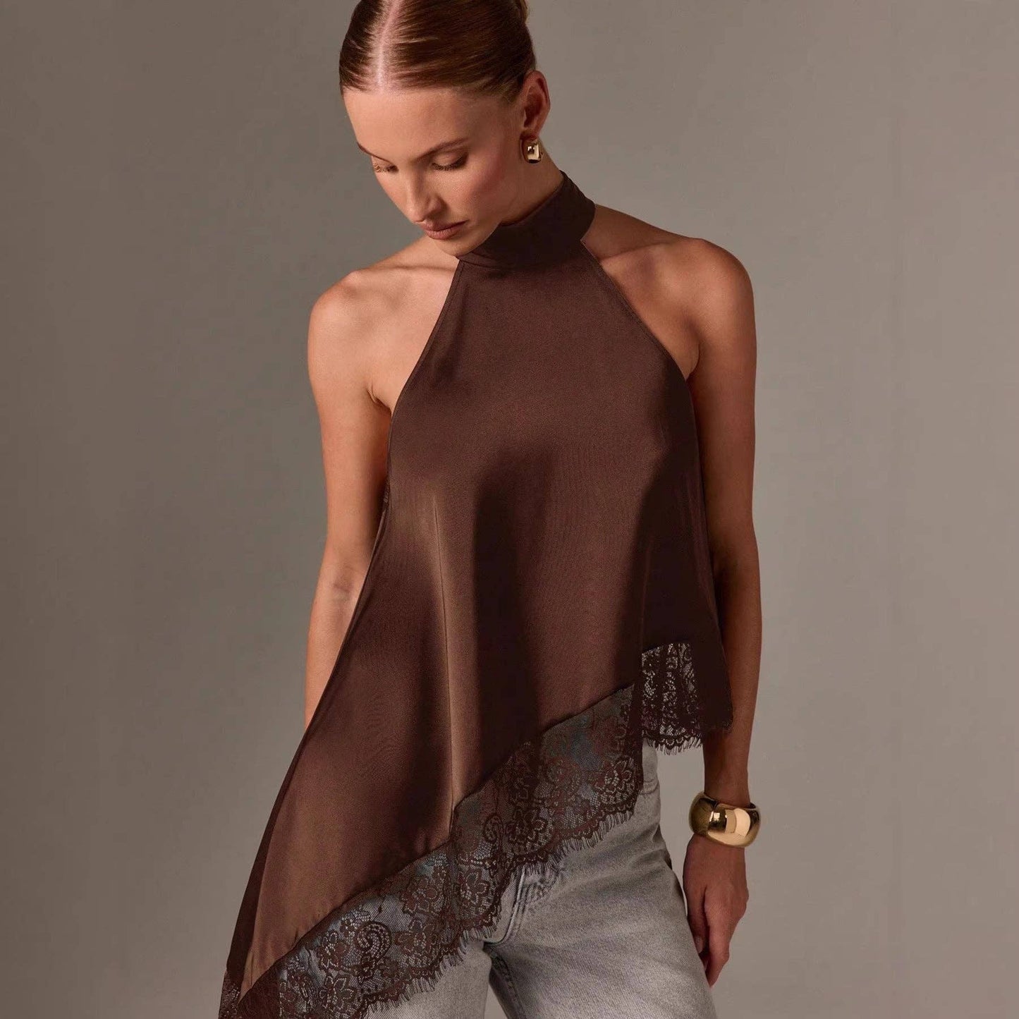 Women’s Satin Lace Trim Halter Neck Asymmetrical Top