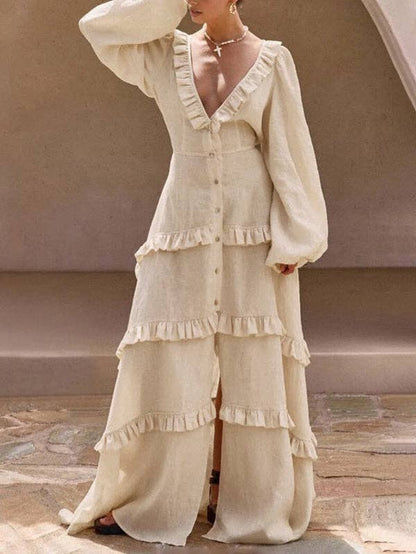 A-Line Long Sleeve Button Pleat Ruffle Split Tie Deep V Maxi