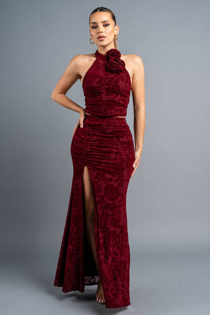 VELVET FLOCKING ROSETTE TOP & SKIRT SET