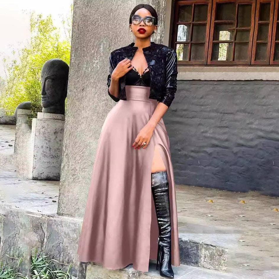 Women Fashion Sexy Solid Color Leather Long Skirt