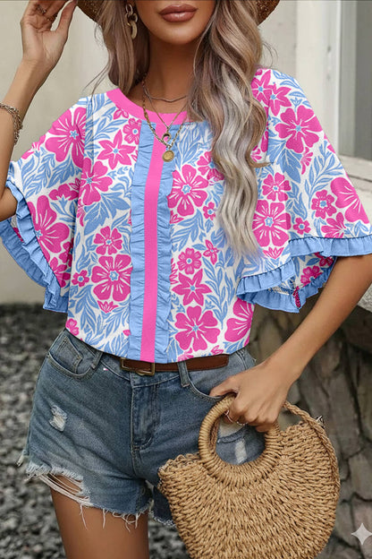 Floral Print Frill Contrast Trim S/S 26 Blouse | S-XL
