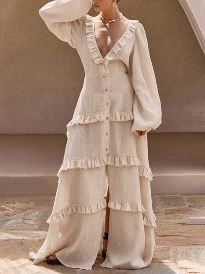 A-Line Long Sleeve Button Pleat Ruffle Split Tie Deep V Maxi