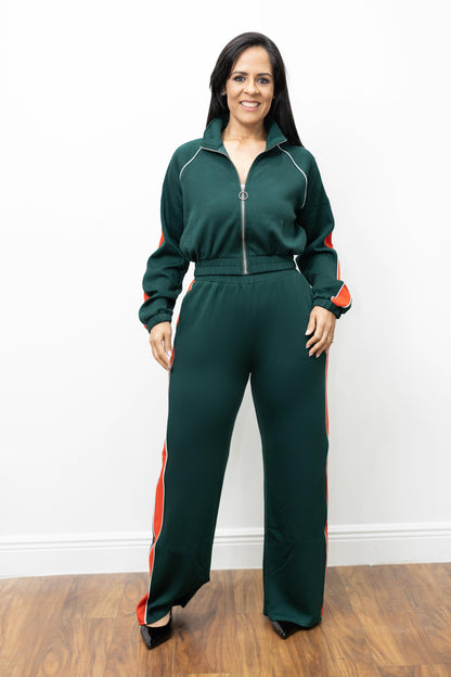 Colorblock Front Zip Up Top And Pants Set
