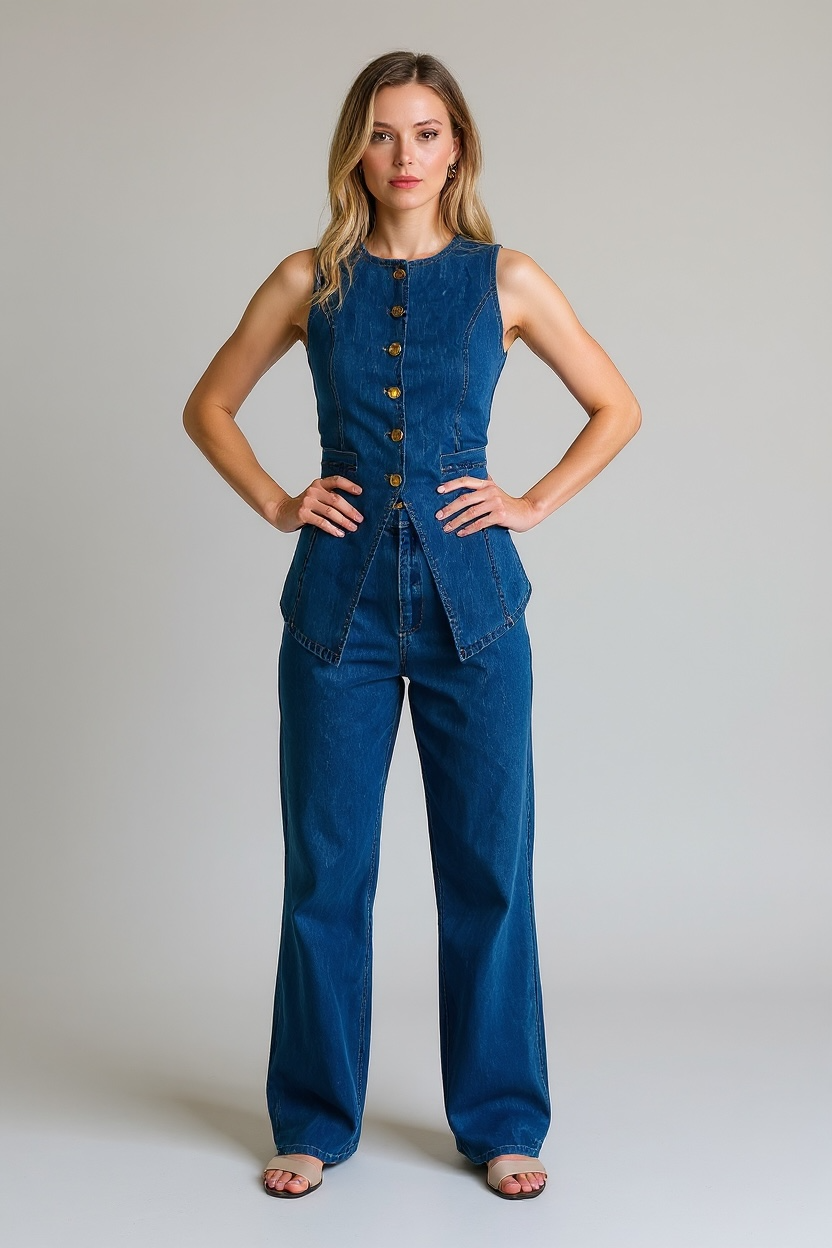 Rodeo Run Denim Long Vest Set