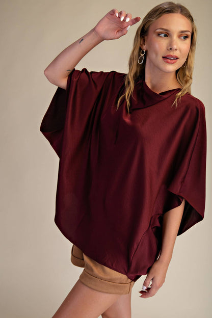 Cowl Neck Elbow Sleeve Satin Top