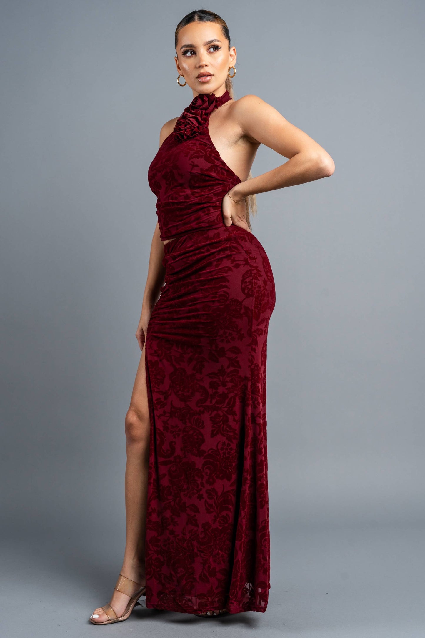 VELVET FLOCKING ROSETTE TOP & SKIRT SET