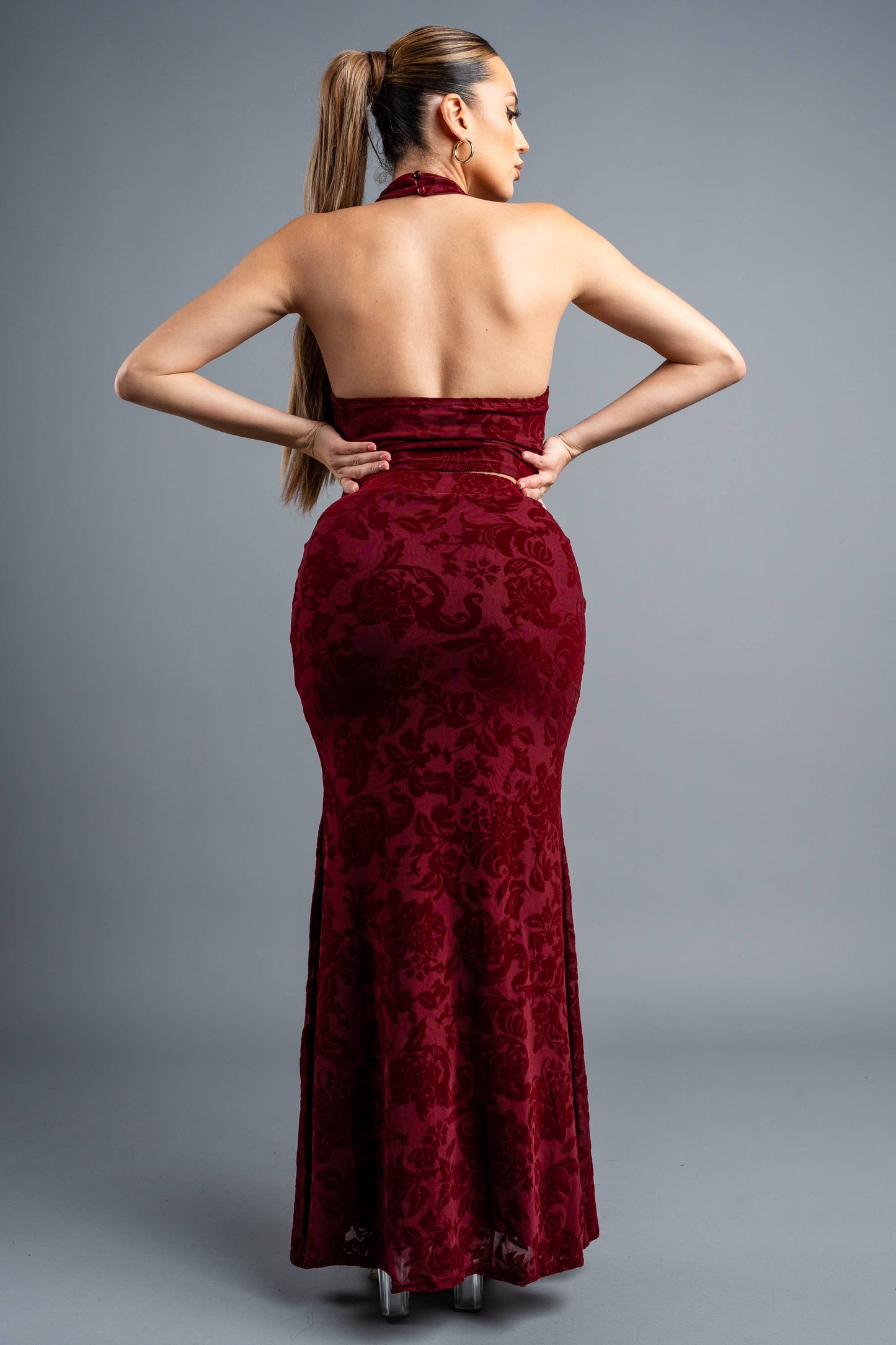 VELVET FLOCKING ROSETTE TOP & SKIRT SET