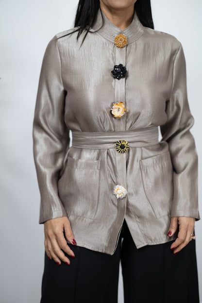 Satin Belted Blazer with Statement Buttons