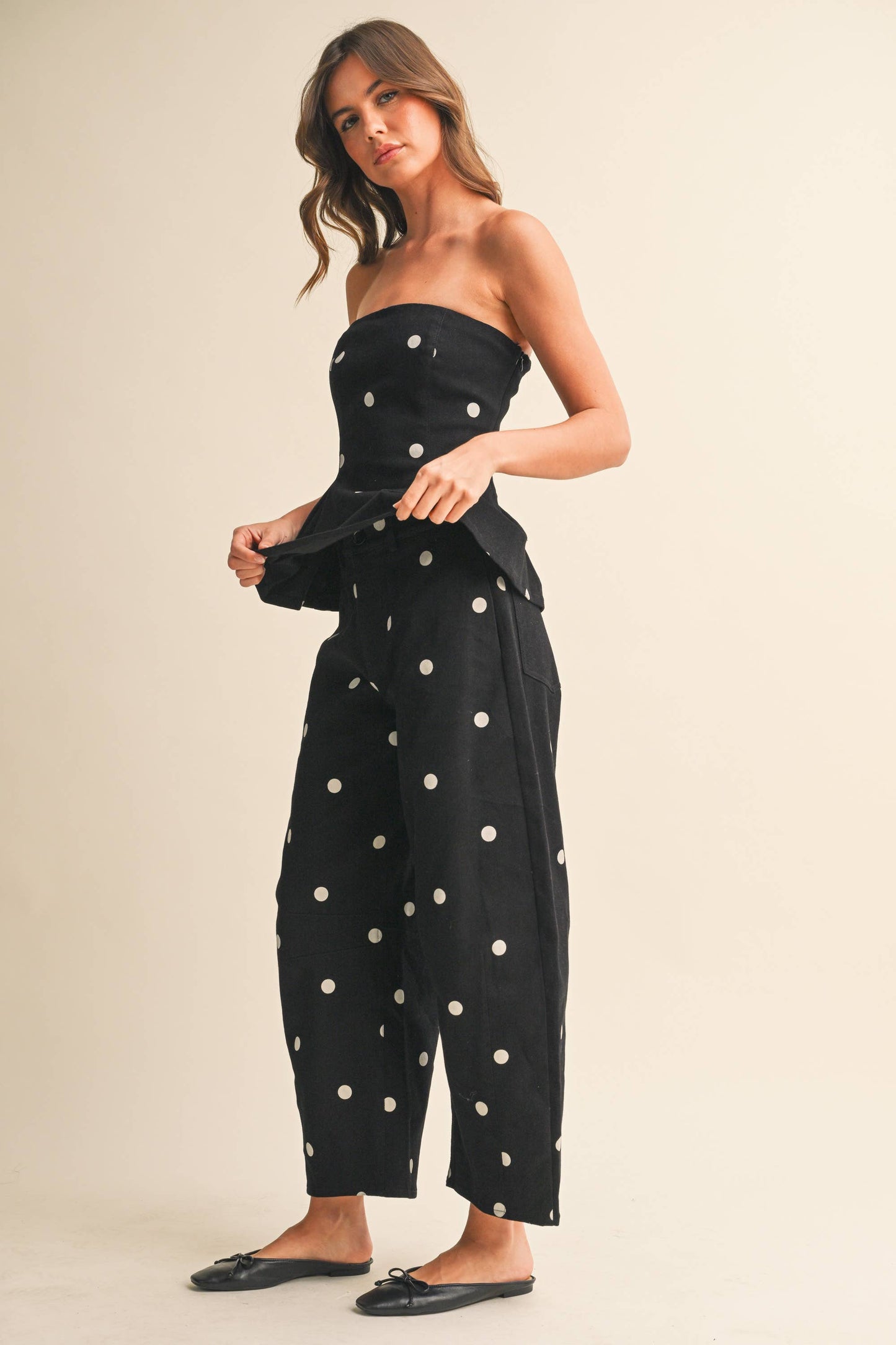 POLKADOT STRAPLESS PEPLUM TOP AND BARREL PANTS SET