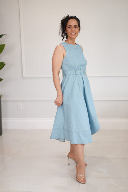 MILI Solid Denim Sleeveless Midi Dress LIGHT DENIM