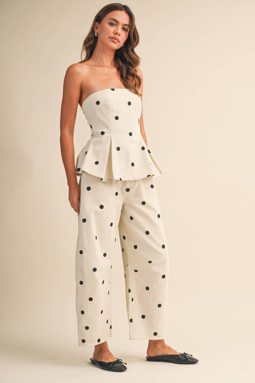 POLKADOT STRAPLESS PEPLUM TOP AND BARREL PANTS SET