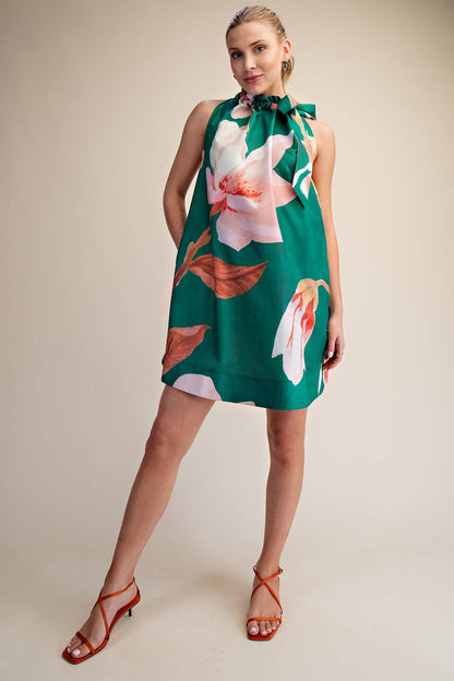Flora Luxe Tie-Neck Mini Dress