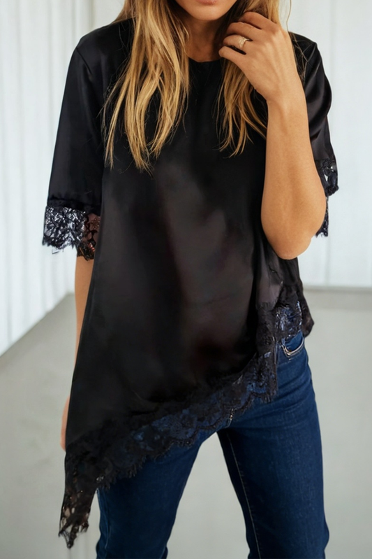 LAS Asymmetric Lace Trim Short Sleeve Satin Top (S-XL)