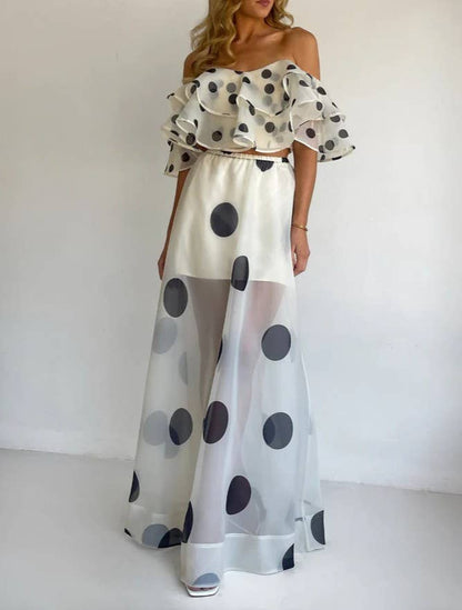 Sexy Strapless Irregular Polka Dot Ruffle Skirt Fashion Set