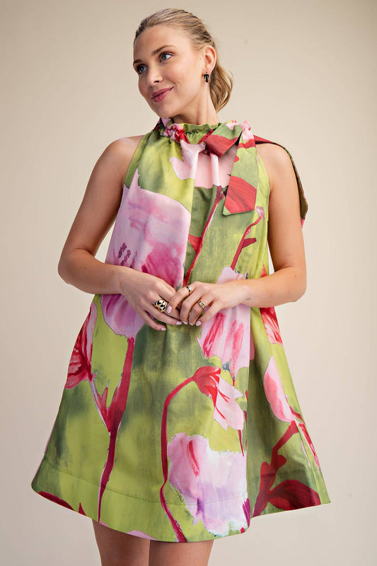 Flora Luxe Tie-Neck Mini Dress
