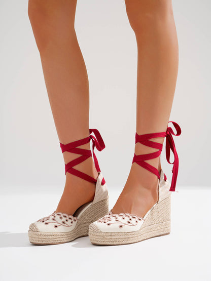 Floral Embroidery High Wedge Espadrille Sandals