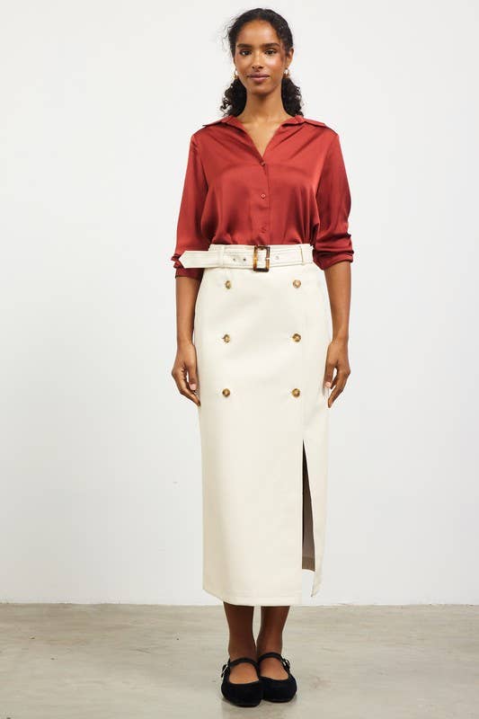Faux Leather Midi Skirt With Belt
