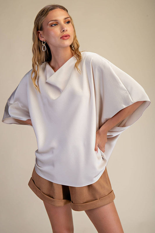 Cowl Neck Elbow Sleeve Satin Top