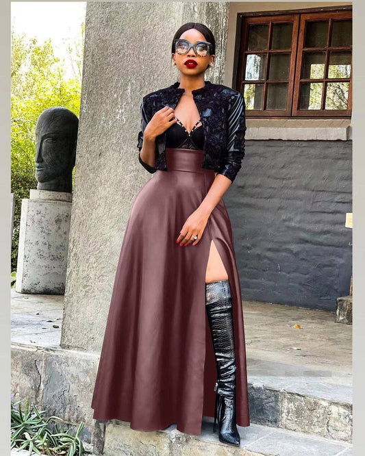 Women Fashion Sexy Solid Color Leather Long Skirt
