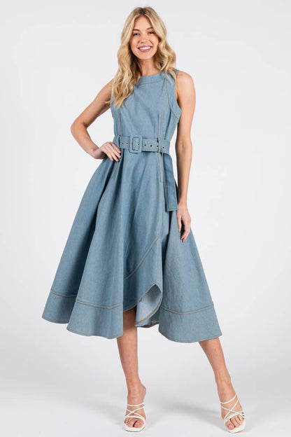 MILI Solid Denim Sleeveless Midi Dress LIGHT DENIM