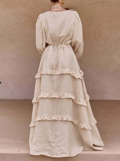 A-Line Long Sleeve Button Pleat Ruffle Split Tie Deep V Maxi