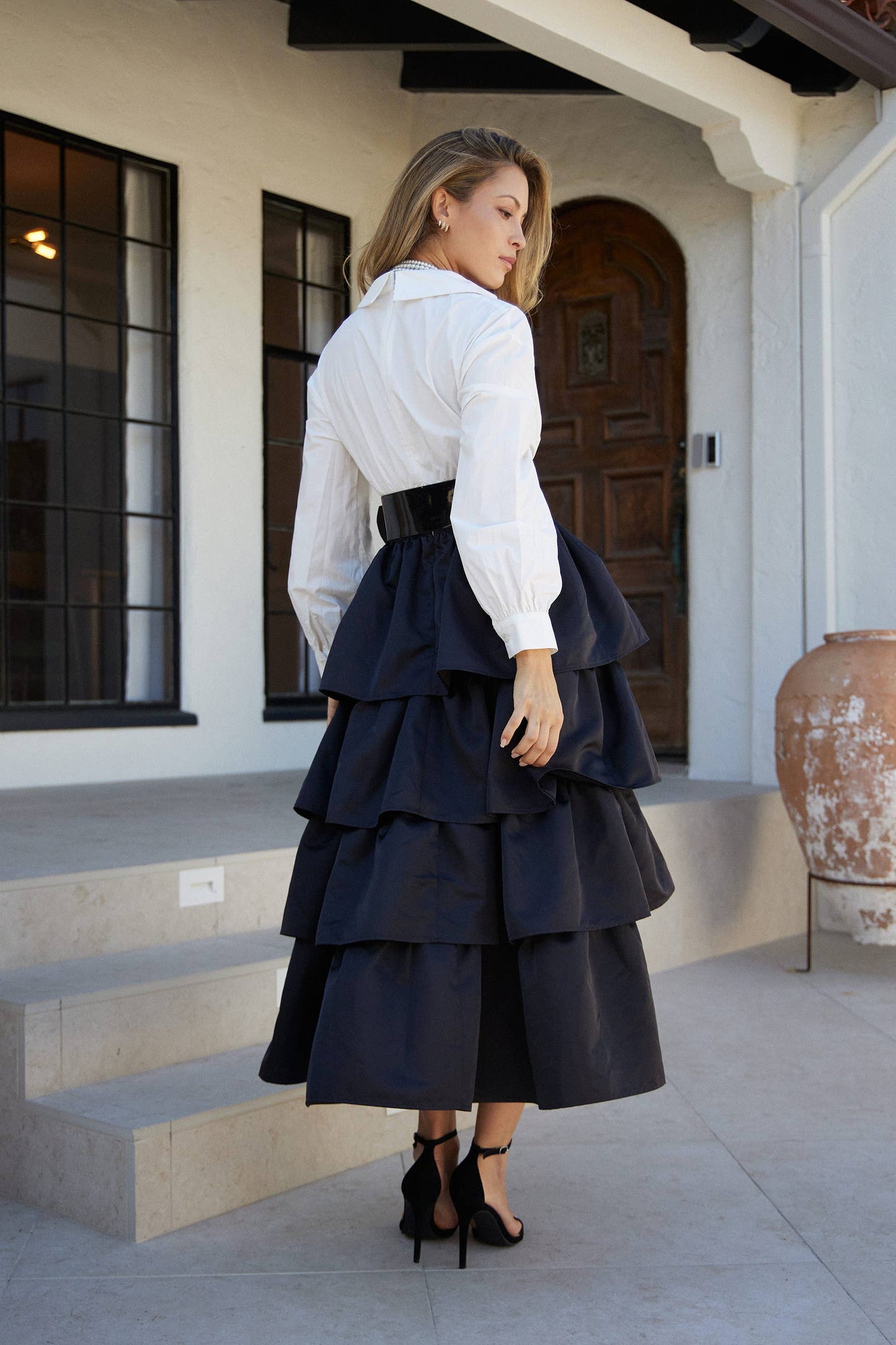 Manuela DEEP V NECK TIERED MIDI DRESS WITH ACCENT BELT