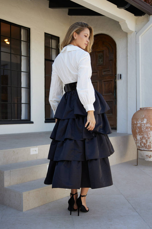 Manuela DEEP V NECK TIERED MIDI DRESS WITH ACCENT BELT