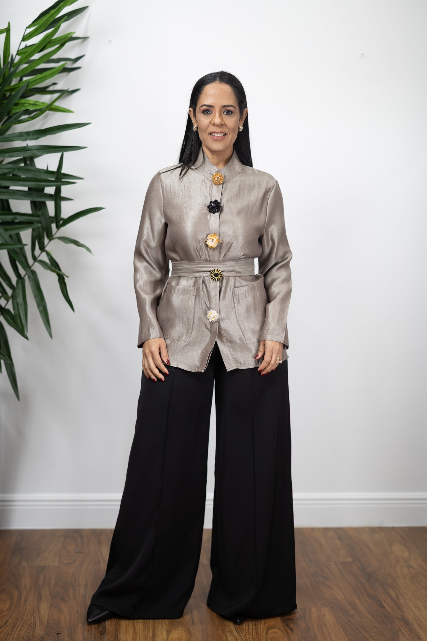 Satin Belted Blazer with Statement Buttons