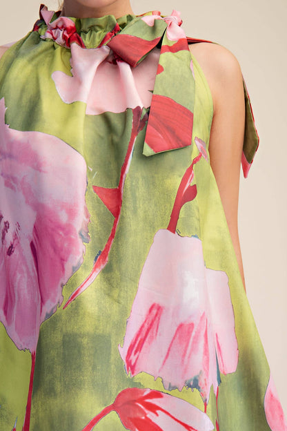 Flora Luxe Tie-Neck Mini Dress