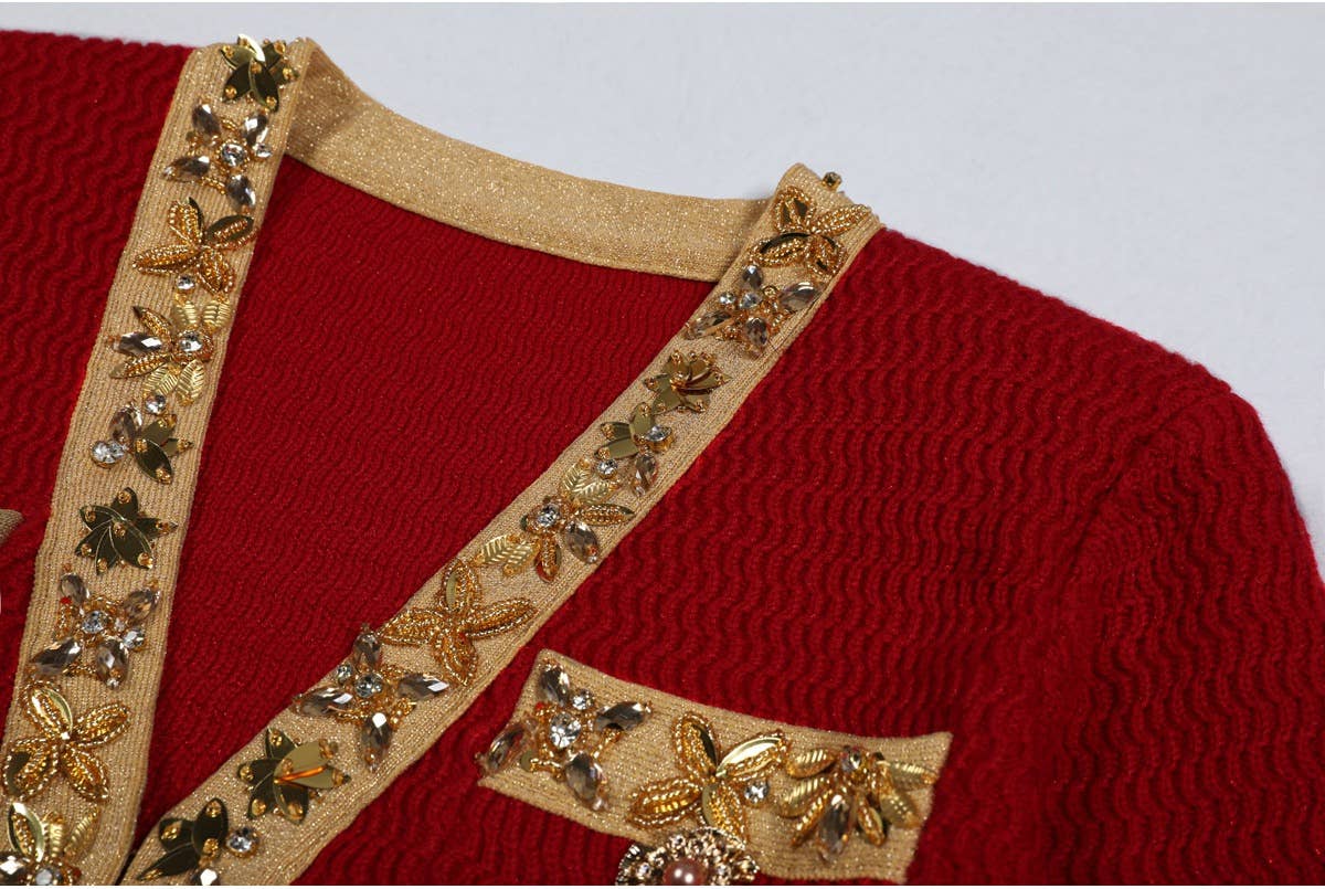 Carolina Elegant Knitted V-Neck Hand-Beaded Long-Sleeve Dress