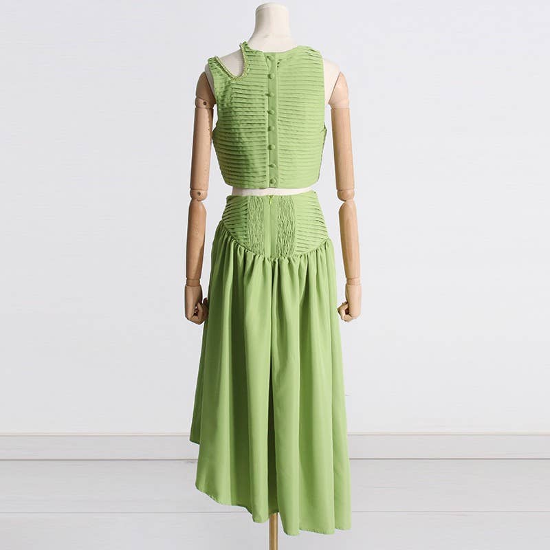 SET083 Sultry Wrap-Top & Pleated Skirt Ensemble