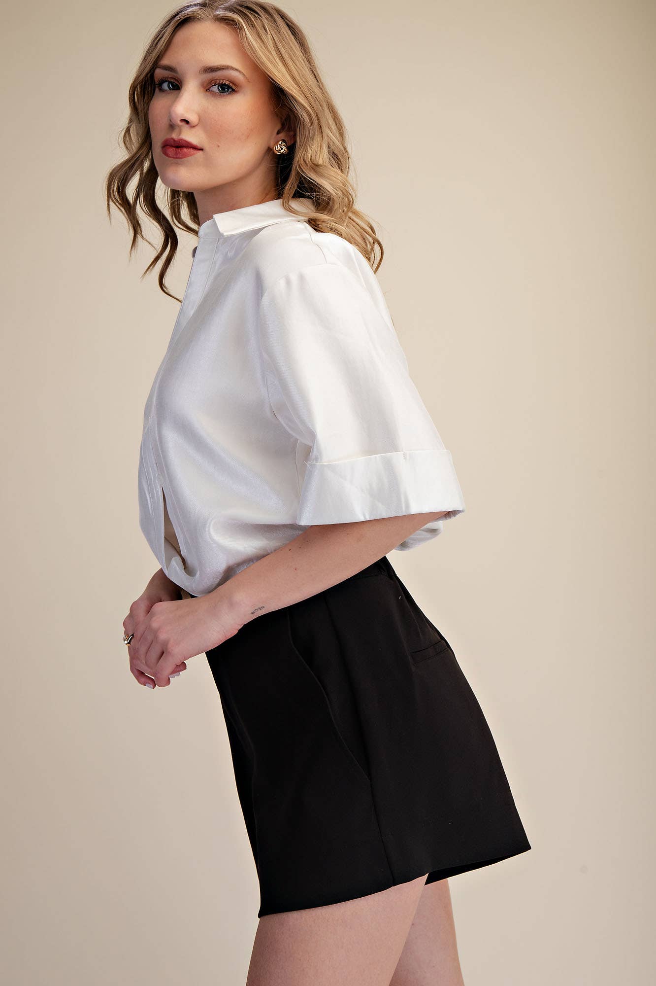 Deep Neck And Lapel Collar Short Sleeve Shirt