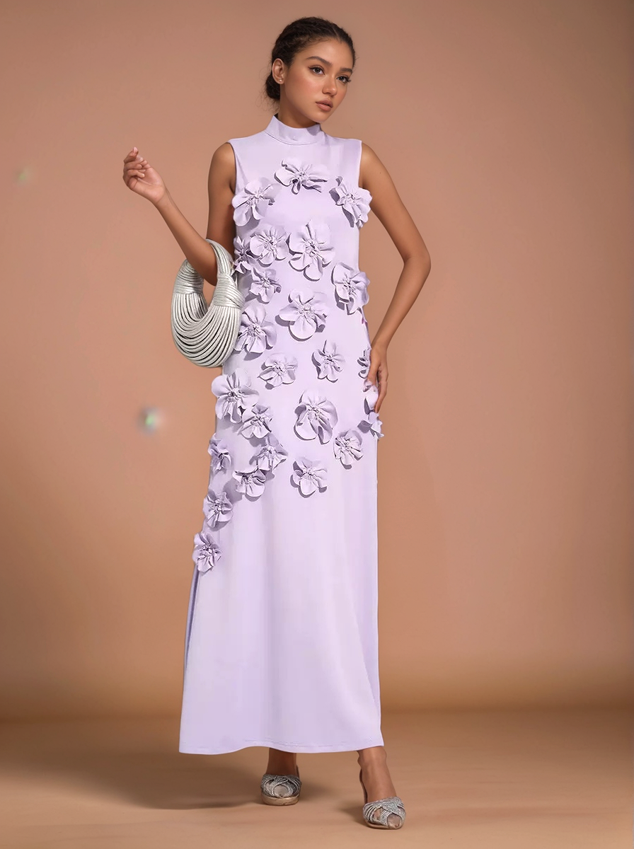 Chic Collar Sleeveless Dress with 3D Flowers