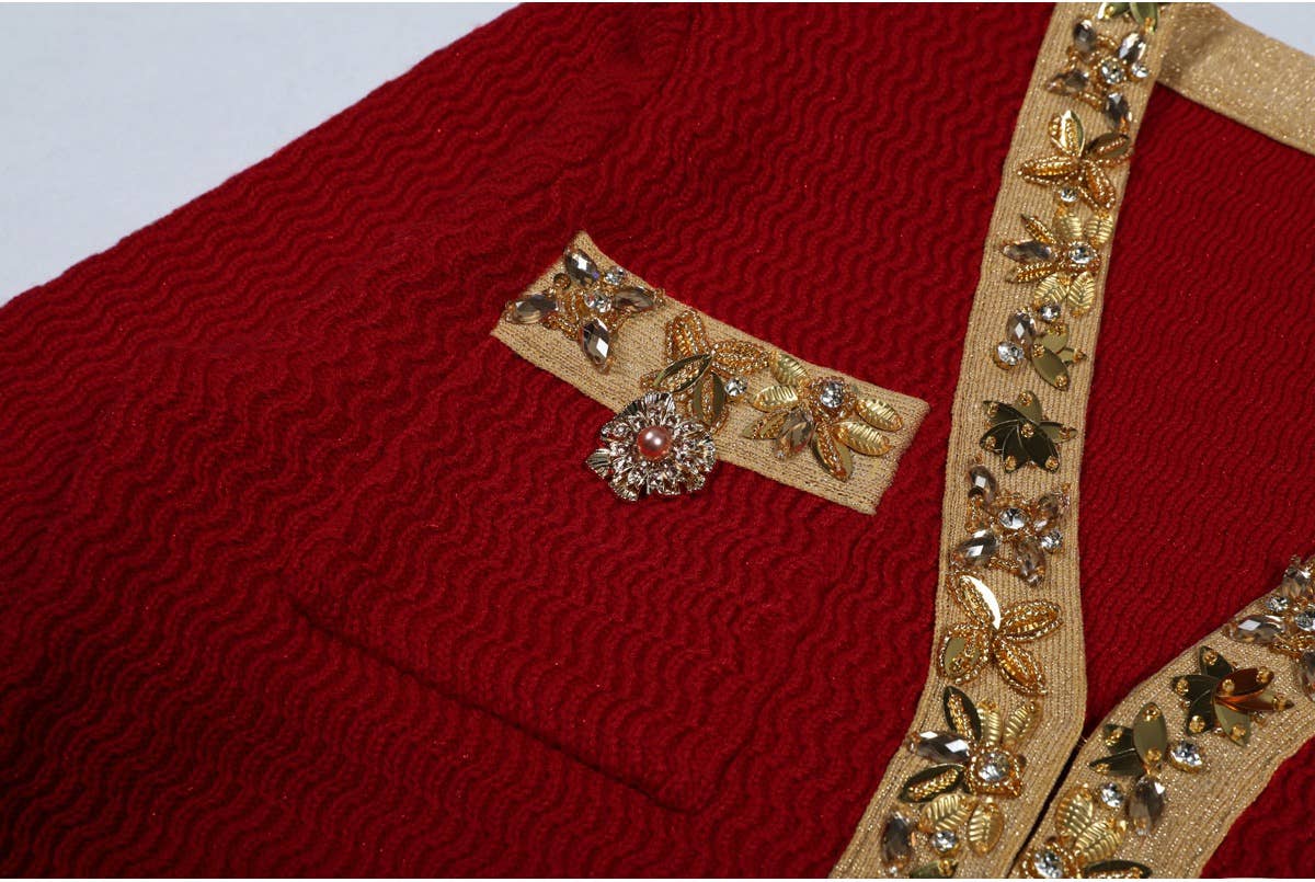 Carolina Elegant Knitted V-Neck Hand-Beaded Long-Sleeve Dress