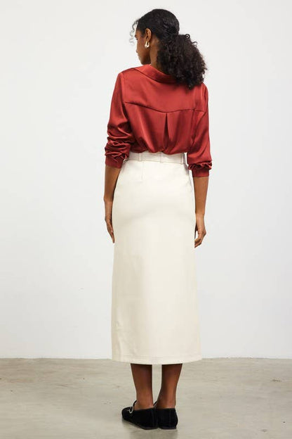 Faux Leather Midi Skirt With Belt
