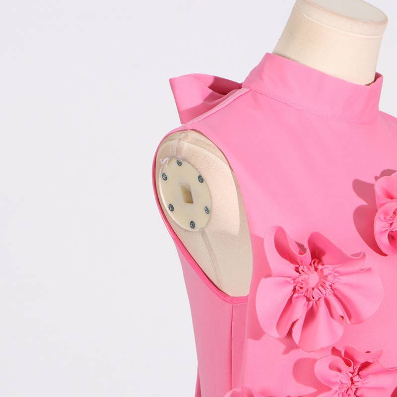 Chic Collar Sleeveless Dress with 3D Flowers