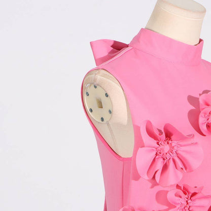 Chic Collar Sleeveless Dress with 3D Flowers