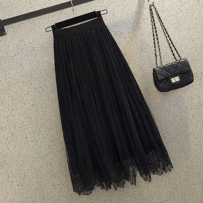 Lace Patchwork Pleated Velvet Midi Skirt