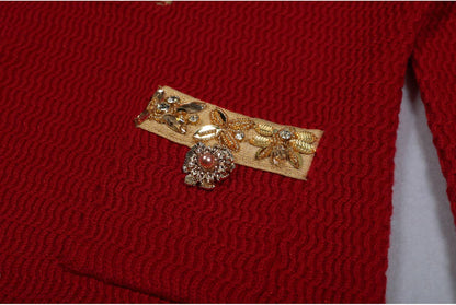 Carolina Elegant Knitted V-Neck Hand-Beaded Long-Sleeve Dress