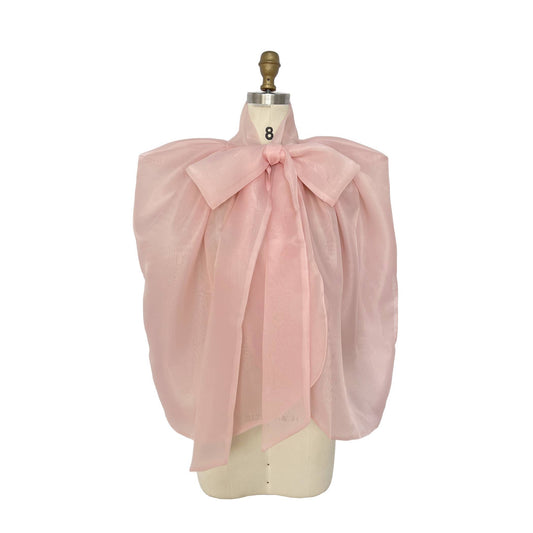 Sheer Organza Bow Tie Cape-Style Blouse