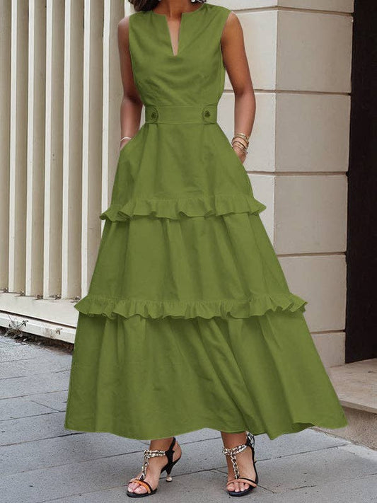 A-Line Buttoned Pleated V-Neck Maxi Dress