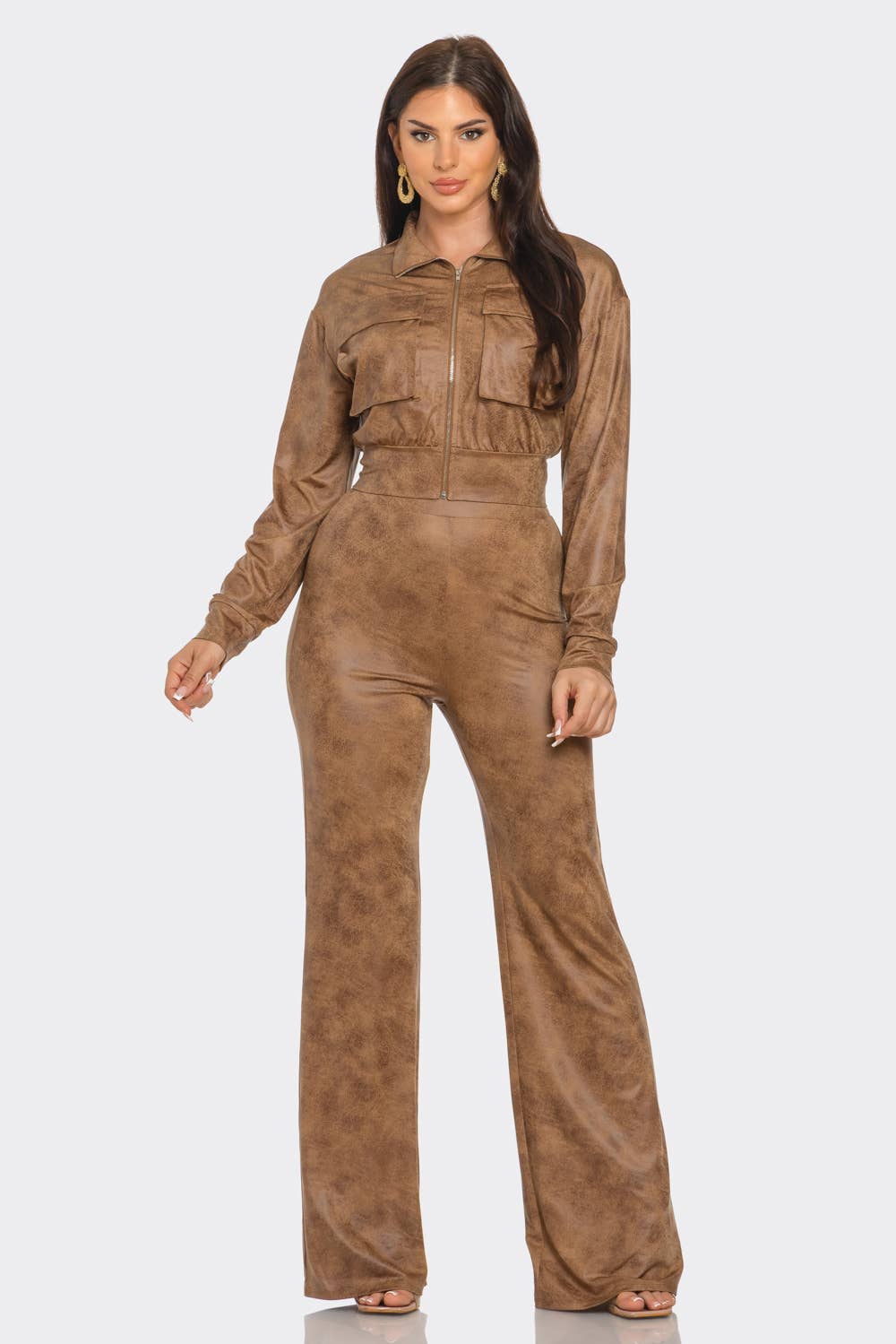 Distressed Leather Looking Zipper Jacket Sets