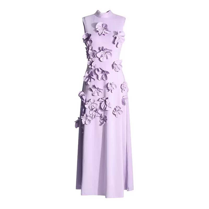 Chic Collar Sleeveless Dress with 3D Flowers