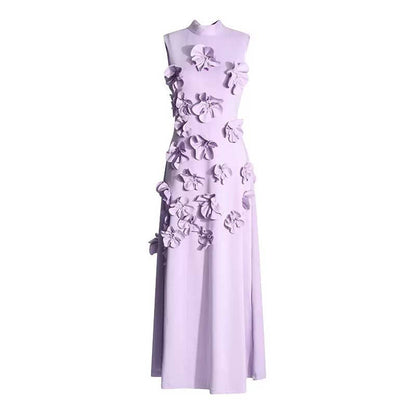 Chic Collar Sleeveless Dress with 3D Flowers