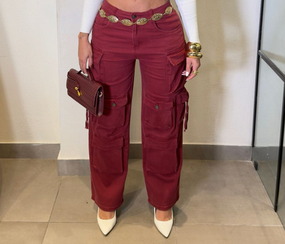 Crimson Luxe Cargo Pants