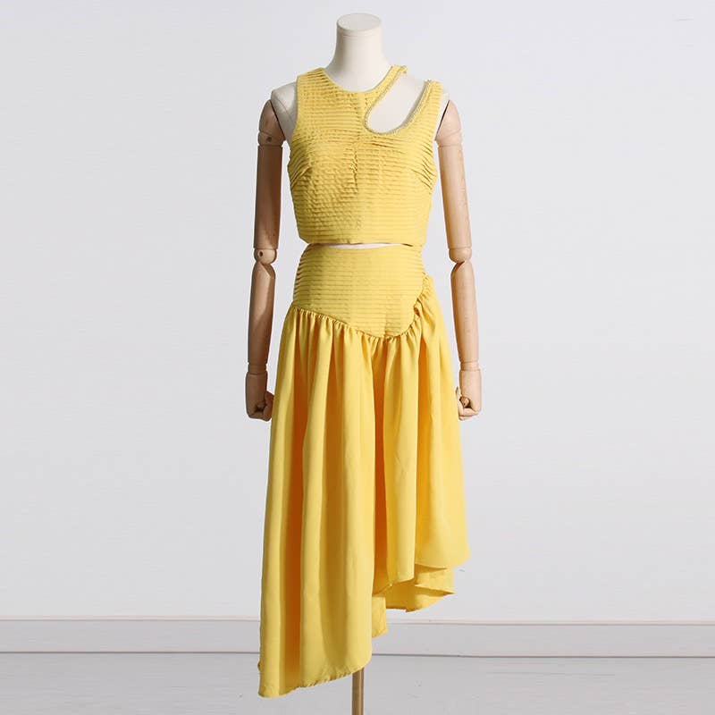 SET083 Sultry Wrap-Top & Pleated Skirt Ensemble