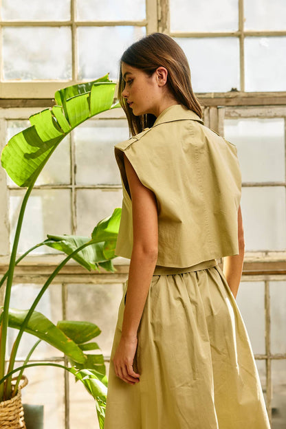 IT2916-SET Double-Breasted Trench Vest & Midi Skirt Set
