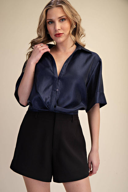 Deep Neck And Lapel Collar Short Sleeve Shirt