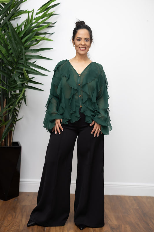 Emerald Whisper Ruffle Blouse